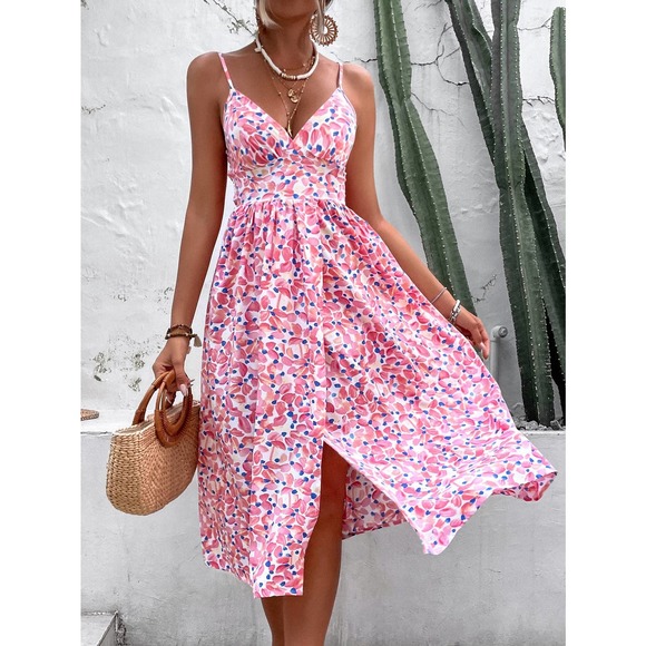 BohoGypsyDreamer.com Dresses & Skirts - Boho Floral Print Split Thigh Shirred Cami Strap Midi Dress pink